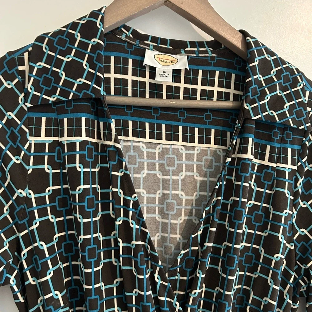 Talbots Wrap Dress Black Blue Geometric Print Size 12
